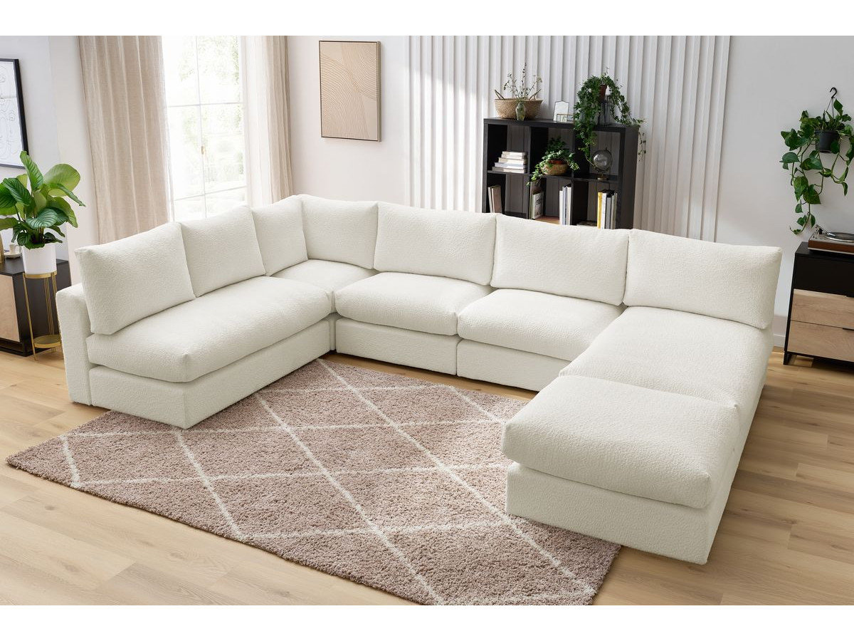 Canapé d'angle fixe 100% modulable PARIS tissu bouclette 3 chauffeuses, 1 méridienne, 1 angle, 1 pouf