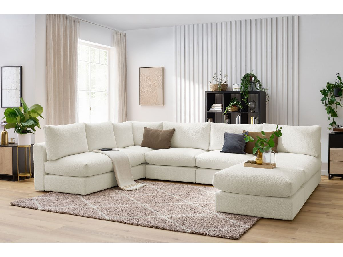 Canapé d'angle fixe 100% modulable PARIS tissu bouclette 3 chauffeuses, 1 méridienne, 1 angle, 1 pouf
