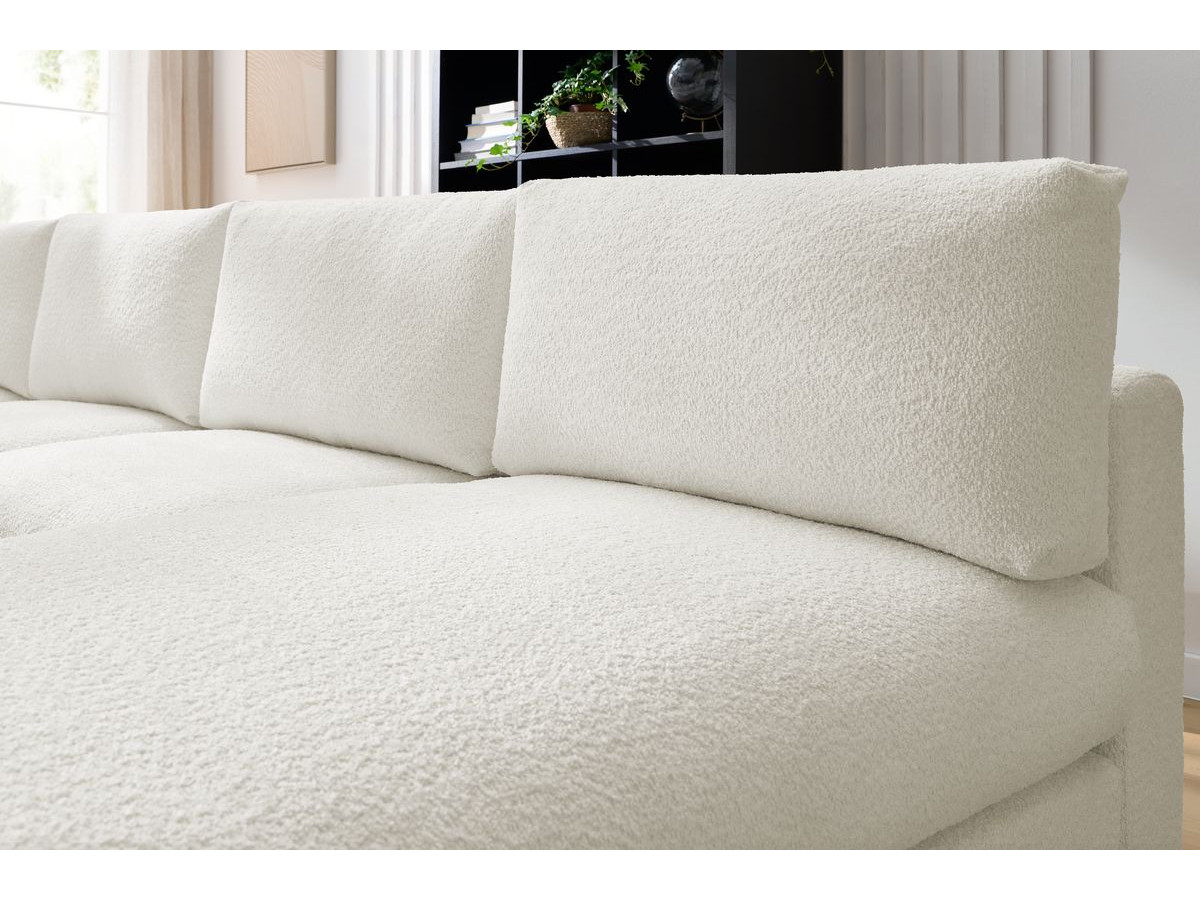 Canapé d'angle fixe 100% modulable PARIS tissu bouclette 3 chauffeuses, 1 méridienne, 1 angle, 1 pouf