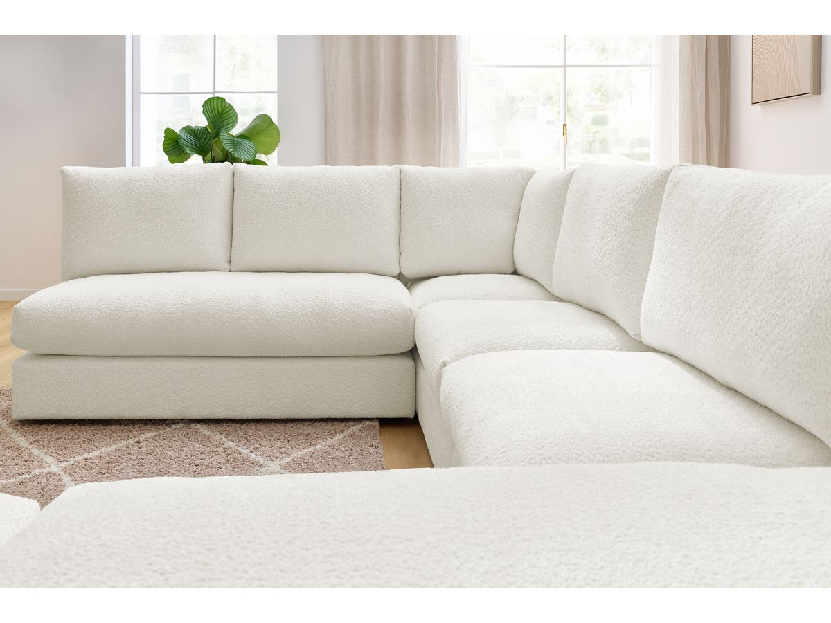Canapé d'angle fixe 100% modulable PARIS tissu bouclette 3 chauffeuses, 1 méridienne, 1 angle, 1 pouf