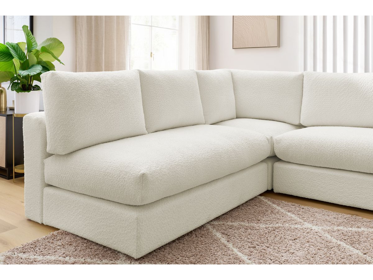 Canapé d'angle fixe 100% modulable PARIS tissu bouclette 3 chauffeuses, 1 méridienne, 1 angle, 1 pouf