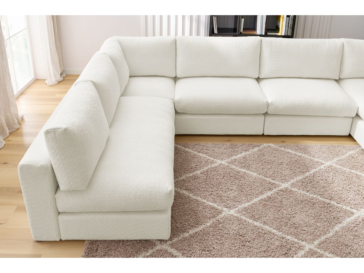 Canapé d'angle fixe 100% modulable PARIS tissu bouclette 3 chauffeuses, 1 méridienne, 1 angle, 1 pouf