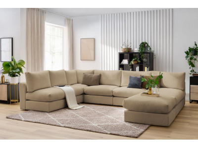 Canapé d'angle fixe 100% modulable PARIS tissu bouclette 3 chauffeuses, 1 méridienne, 1 angle, 1 pouf