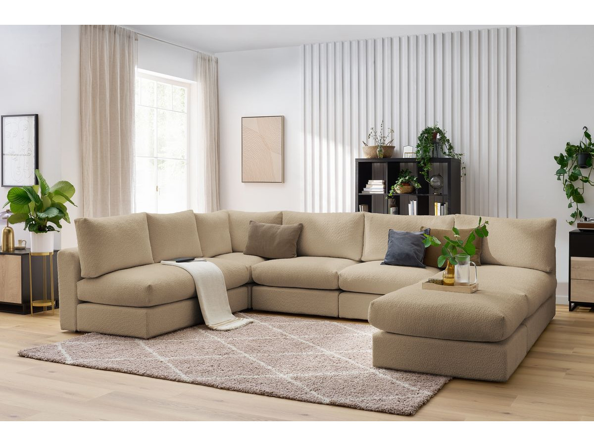 Canapé d'angle fixe 100% modulable PARIS tissu bouclette 3 chauffeuses, 1 méridienne, 1 angle, 1 pouf