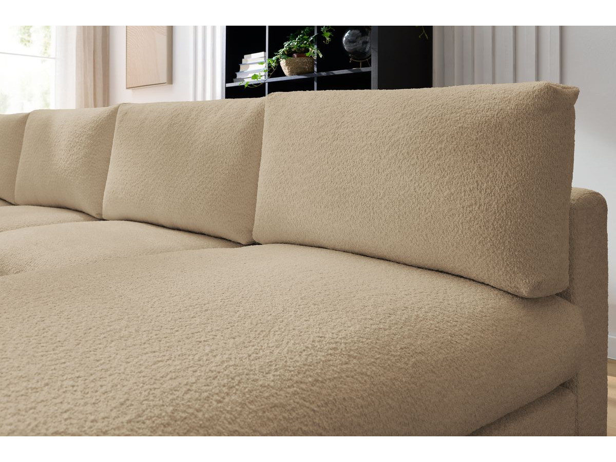 Canapé d'angle fixe 100% modulable PARIS tissu bouclette 3 chauffeuses, 1 méridienne, 1 angle, 1 pouf
