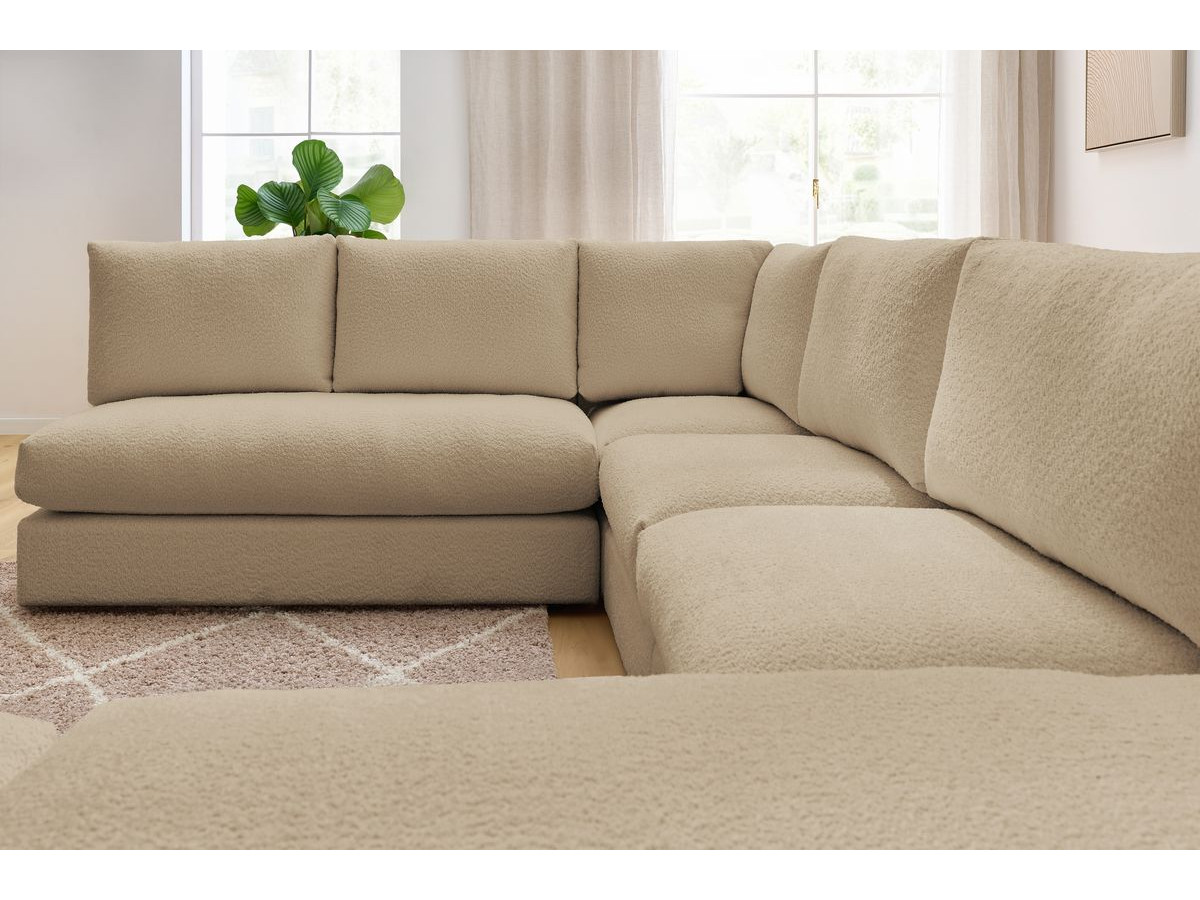 Canapé d'angle fixe 100% modulable PARIS tissu bouclette 3 chauffeuses, 1 méridienne, 1 angle, 1 pouf