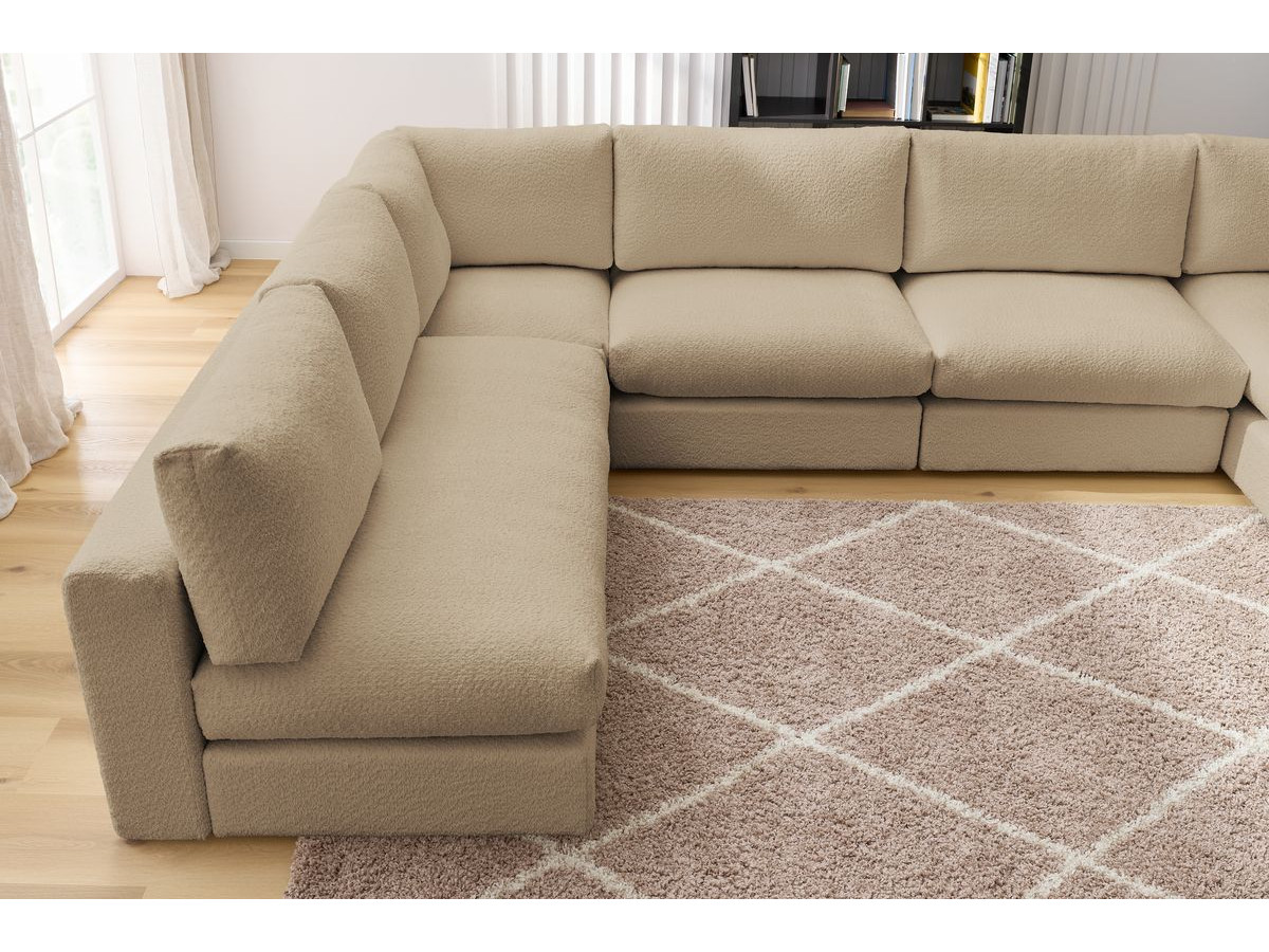 Canapé d'angle fixe 100% modulable PARIS tissu bouclette 3 chauffeuses, 1 méridienne, 1 angle, 1 pouf