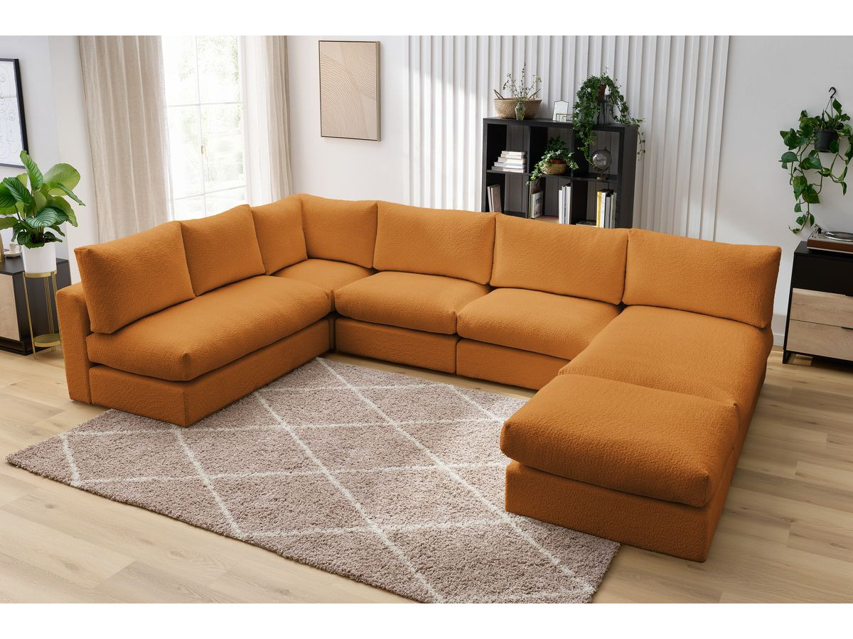 Canapé d'angle fixe 100% modulable PARIS tissu bouclette 3 chauffeuses, 1 méridienne, 1 angle, 1 pouf