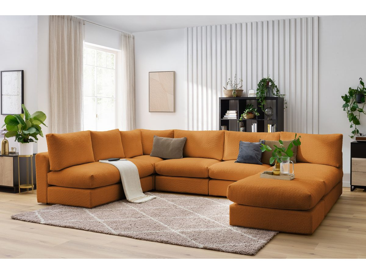 Canapé d'angle fixe 100% modulable PARIS tissu bouclette 3 chauffeuses, 1 méridienne, 1 angle, 1 pouf