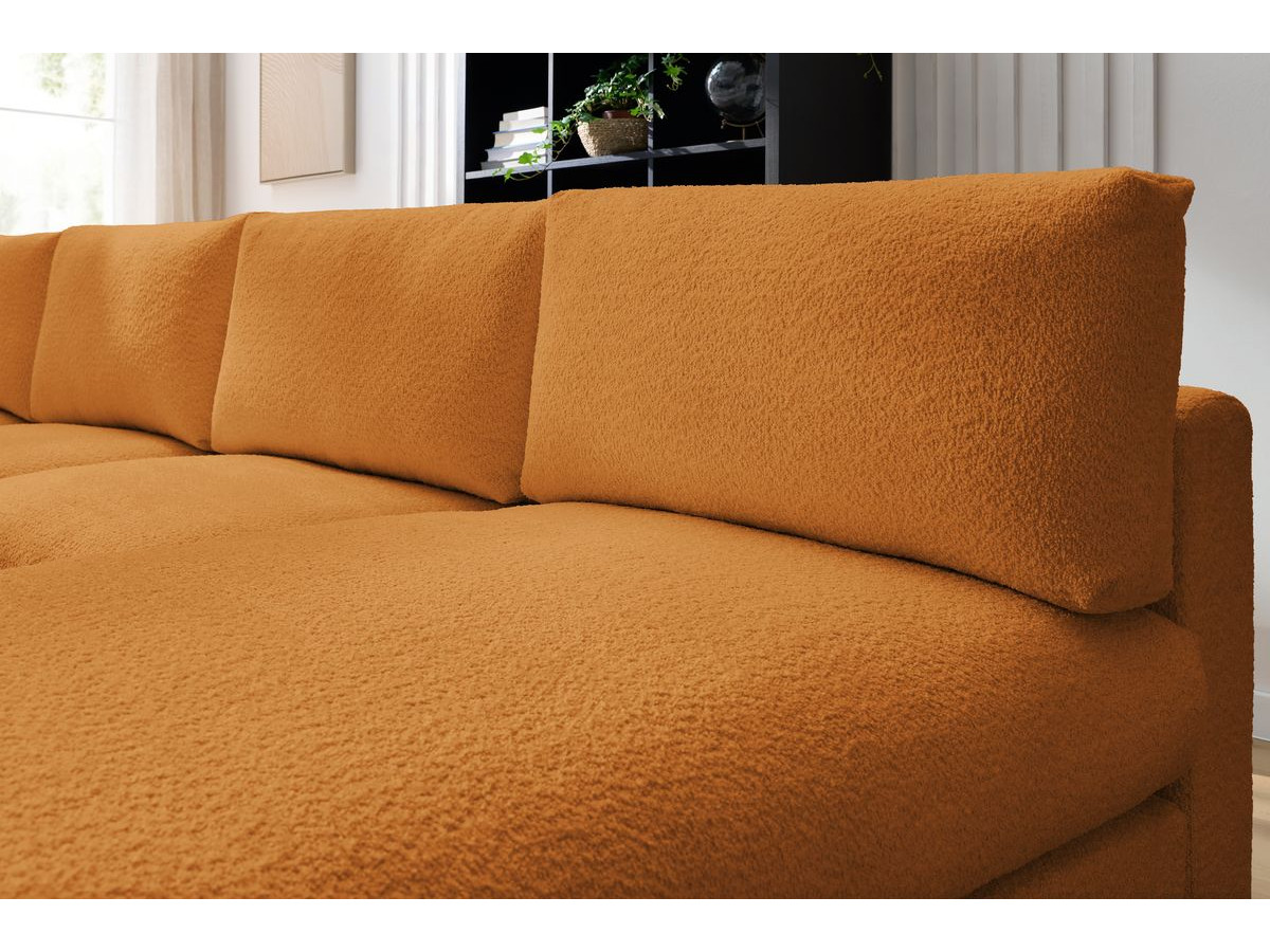 Canapé d'angle fixe 100% modulable PARIS tissu bouclette 3 chauffeuses, 1 méridienne, 1 angle, 1 pouf