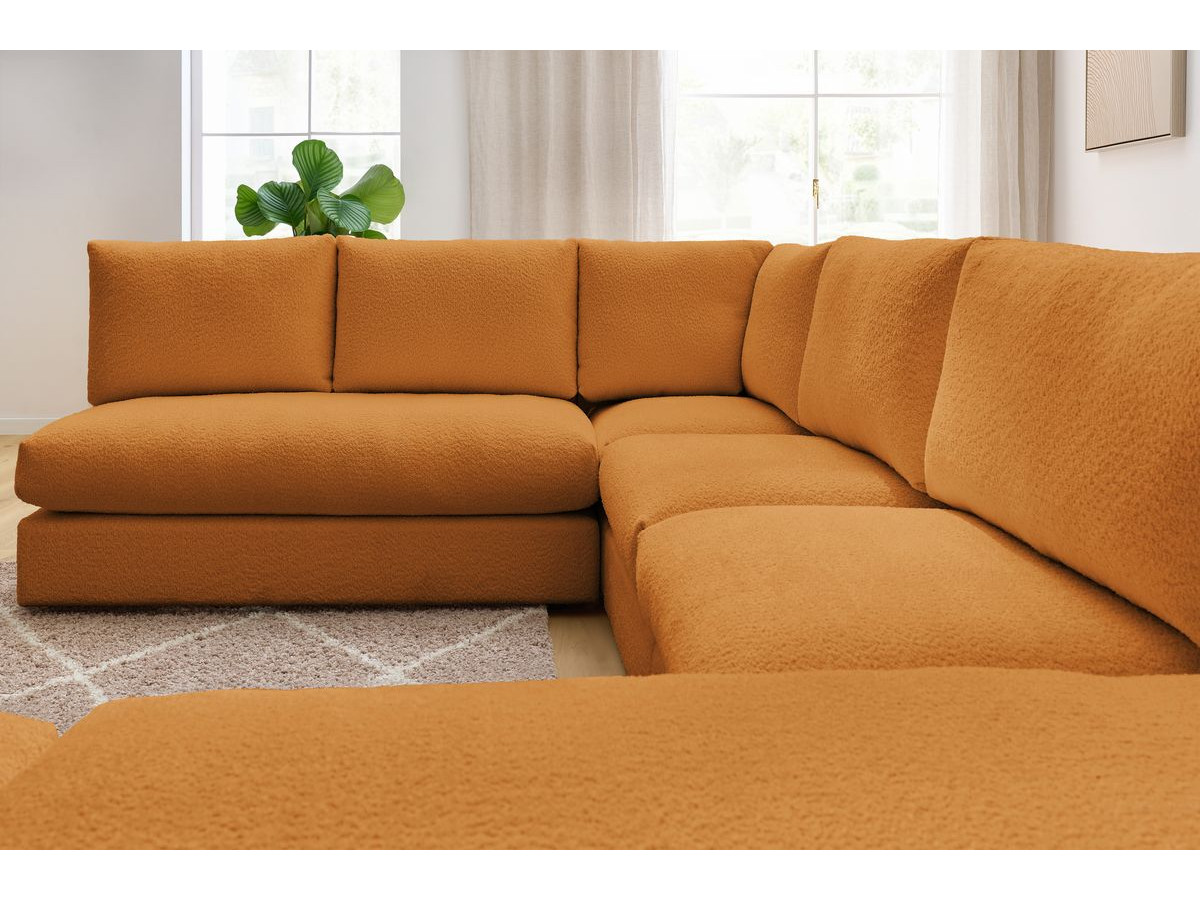 Canapé d'angle fixe 100% modulable PARIS tissu bouclette 3 chauffeuses, 1 méridienne, 1 angle, 1 pouf