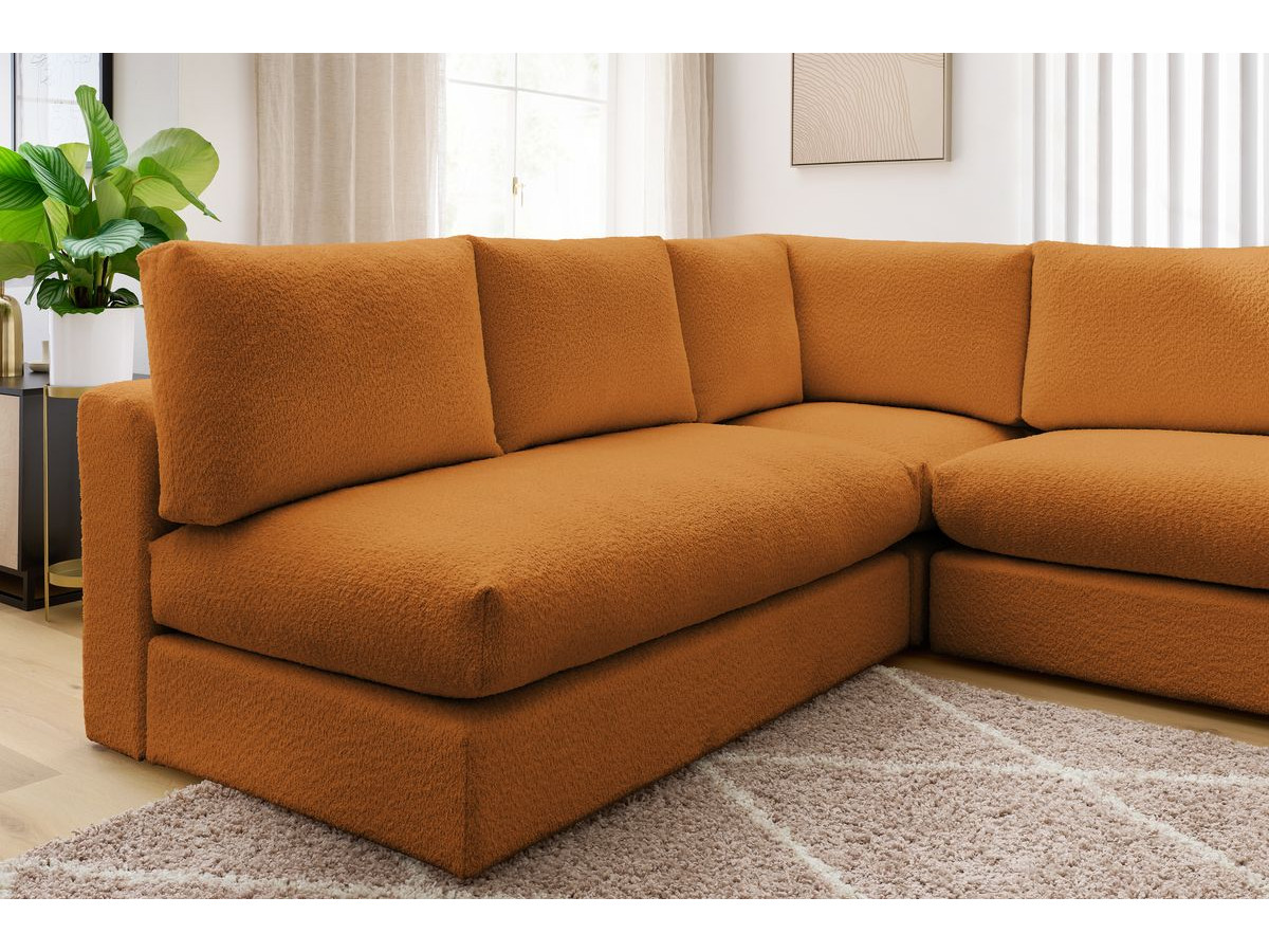 Canapé d'angle fixe 100% modulable PARIS tissu bouclette 3 chauffeuses, 1 méridienne, 1 angle, 1 pouf