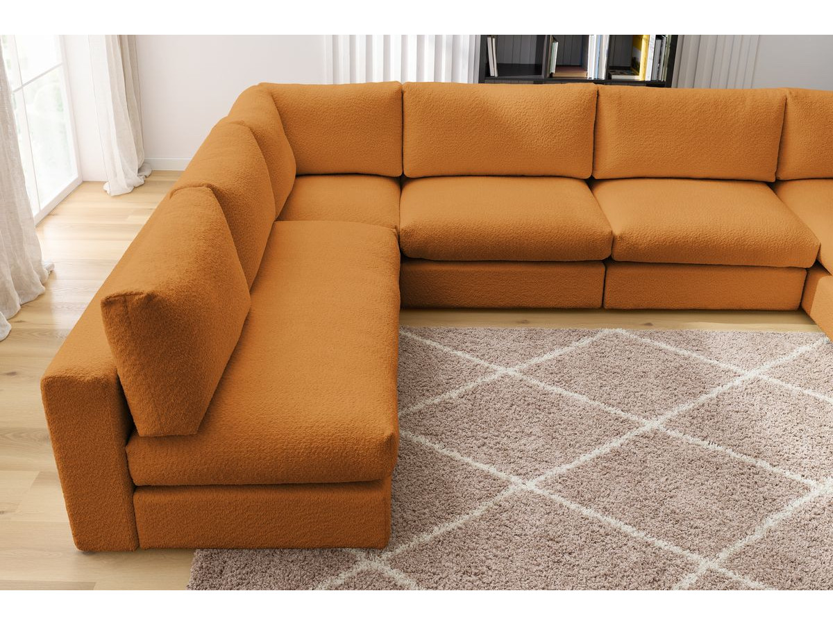 Canapé d'angle fixe 100% modulable PARIS tissu bouclette 3 chauffeuses, 1 méridienne, 1 angle, 1 pouf