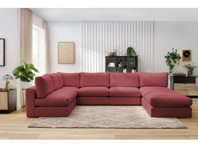 Canapé d'angle fixe 100% modulable PARIS tissu bouclette 3 chauffeuses, 1 méridienne, 1 angle, 1 pouf