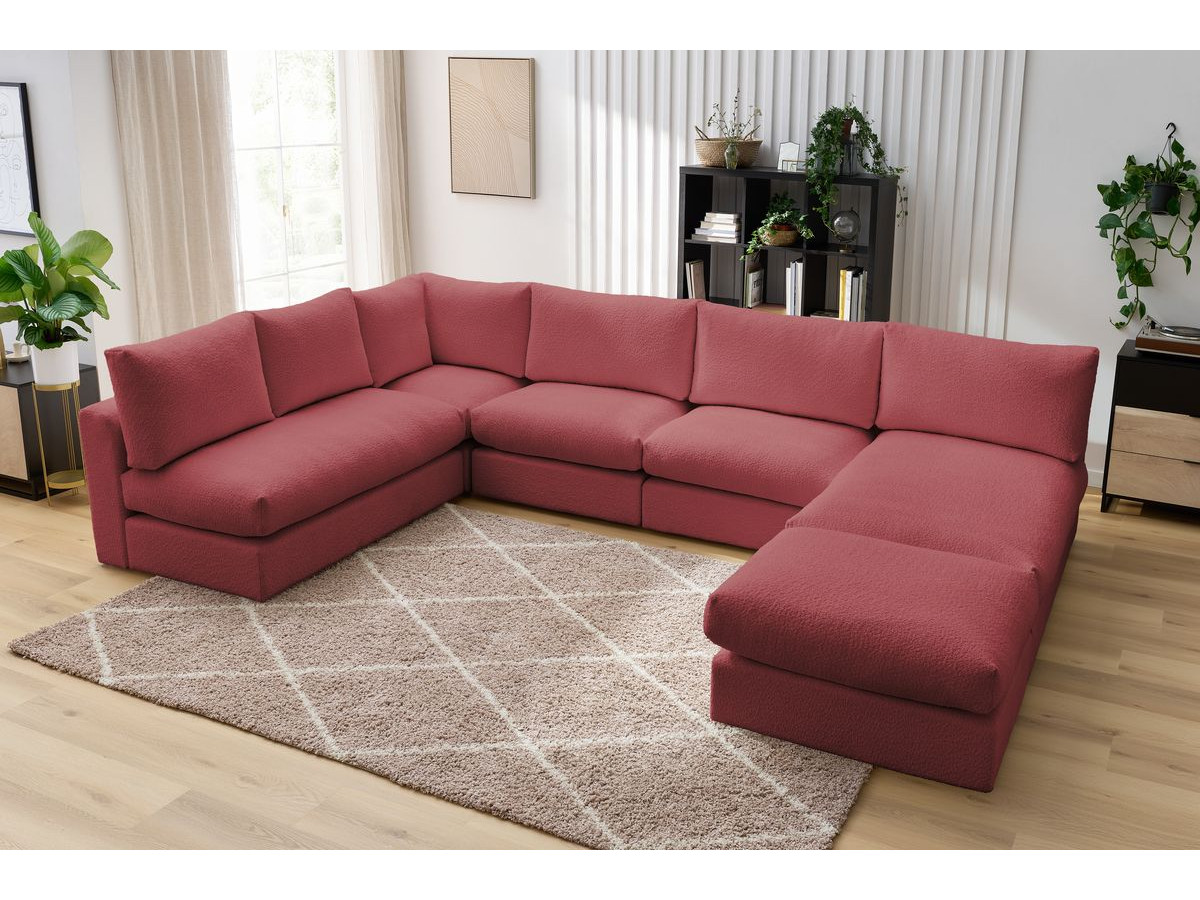 Canapé d'angle fixe 100% modulable PARIS tissu bouclette 3 chauffeuses, 1 méridienne, 1 angle, 1 pouf