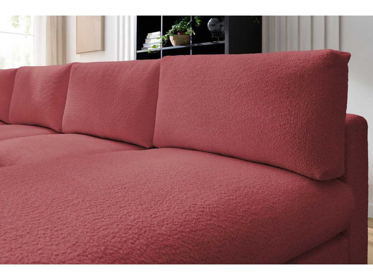 Canapé d'angle fixe 100% modulable PARIS tissu bouclette 3 chauffeuses, 1 méridienne, 1 angle, 1 pouf