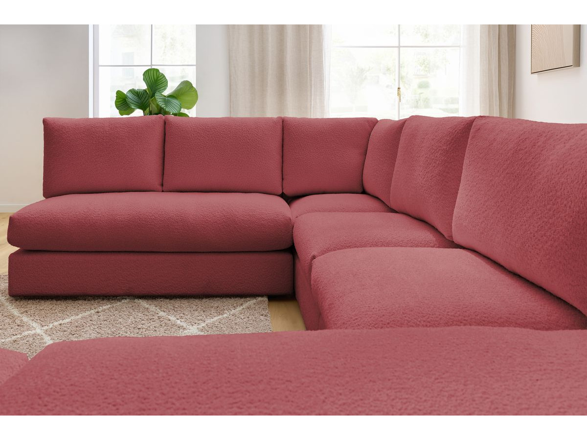 Canapé d'angle fixe 100% modulable PARIS tissu bouclette 3 chauffeuses, 1 méridienne, 1 angle, 1 pouf