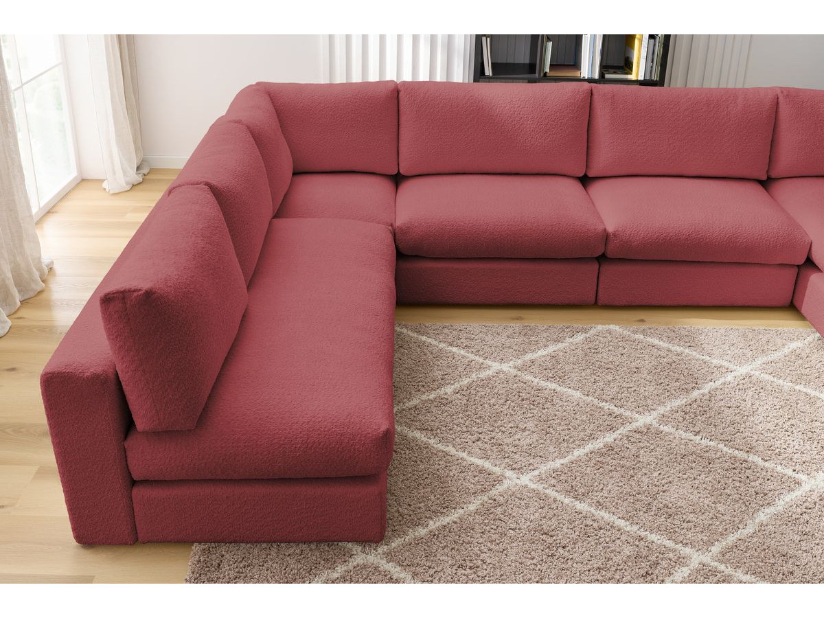 Canapé d'angle fixe 100% modulable PARIS tissu bouclette 3 chauffeuses, 1 méridienne, 1 angle, 1 pouf