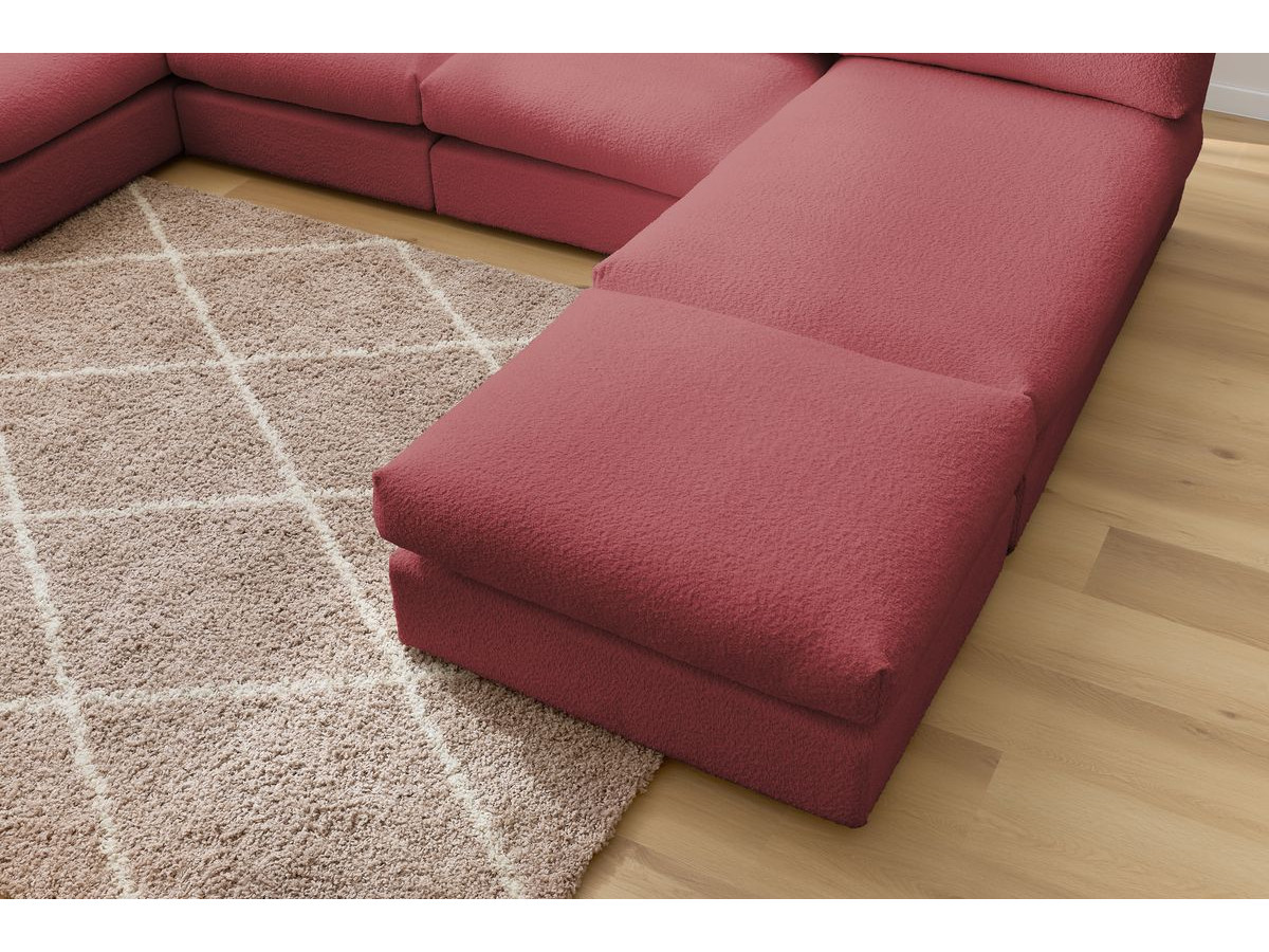 Canapé d'angle fixe 100% modulable PARIS tissu bouclette 3 chauffeuses, 1 méridienne, 1 angle, 1 pouf