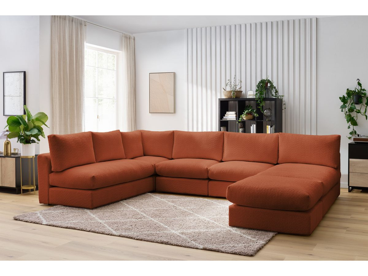 Canapé d'angle fixe 100% modulable PARIS tissu bouclette 3 chauffeuses, 1 méridienne, 1 angle, 1 pouf orange   BOBOCHIC 6 places - Vue supplémentaire 3