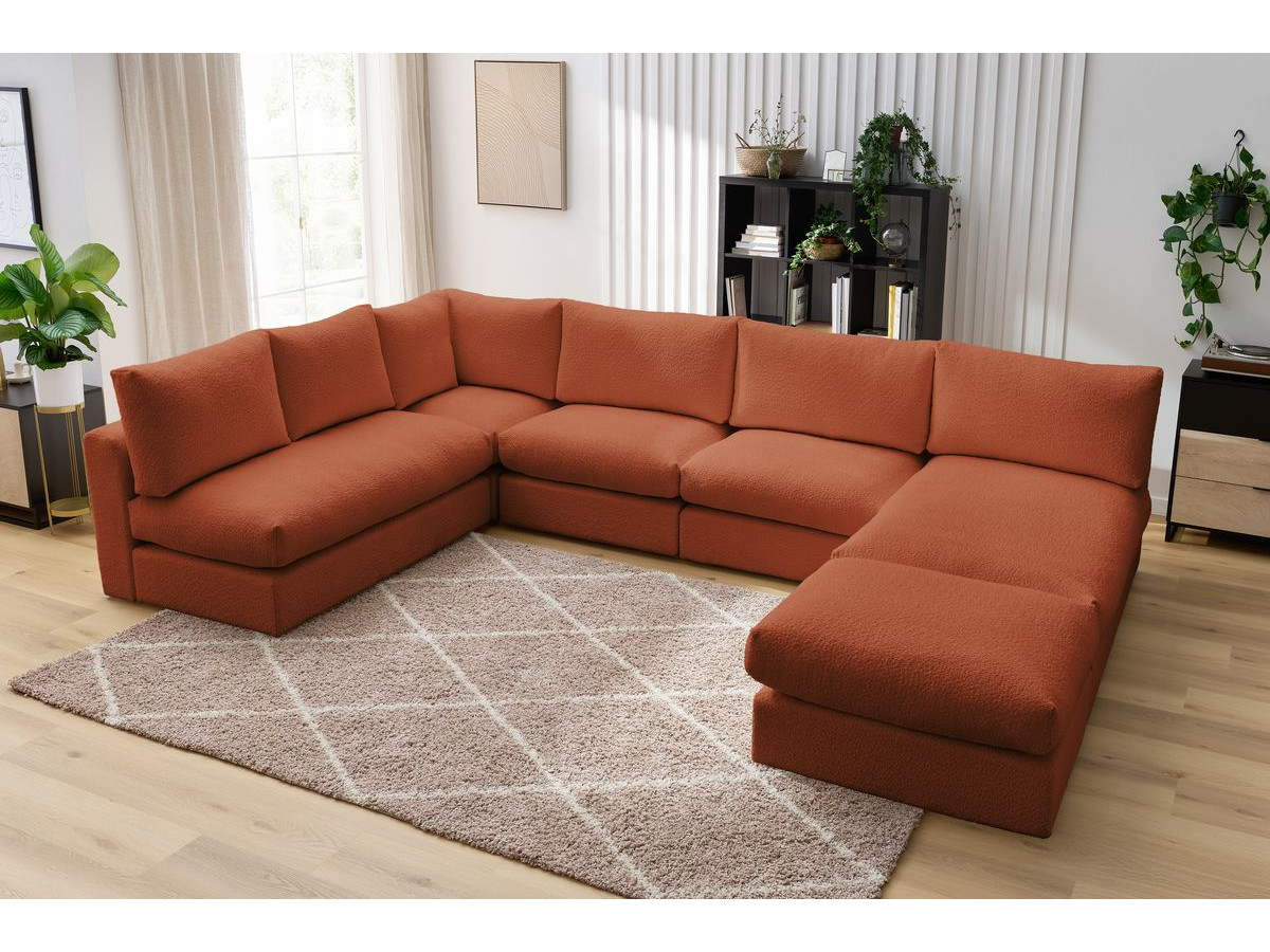 Canapé d'angle fixe 100% modulable PARIS tissu bouclette 3 chauffeuses, 1 méridienne, 1 angle, 1 pouf