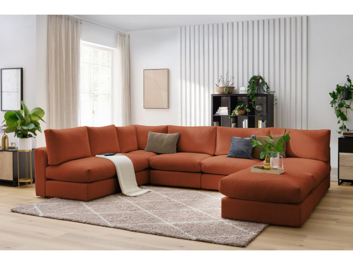 Canapé d'angle fixe 100% modulable PARIS tissu bouclette 3 chauffeuses, 1 méridienne, 1 angle, 1 pouf