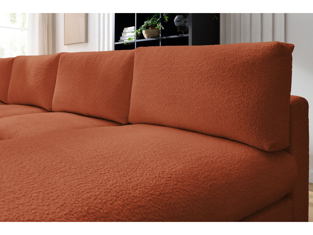 Canapé d'angle fixe 100% modulable PARIS tissu bouclette 3 chauffeuses, 1 méridienne, 1 angle, 1 pouf