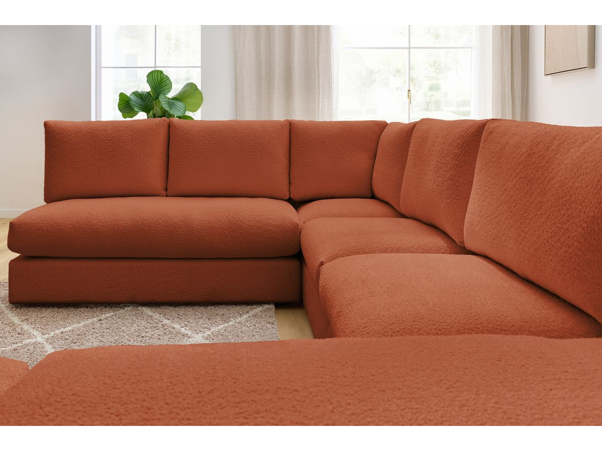 Canapé d'angle fixe 100% modulable PARIS tissu bouclette 3 chauffeuses, 1 méridienne, 1 angle, 1 pouf
