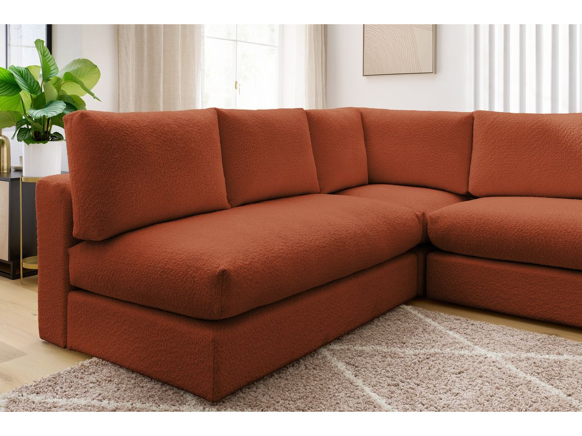 Canapé d'angle fixe 100% modulable PARIS tissu bouclette 3 chauffeuses, 1 méridienne, 1 angle, 1 pouf