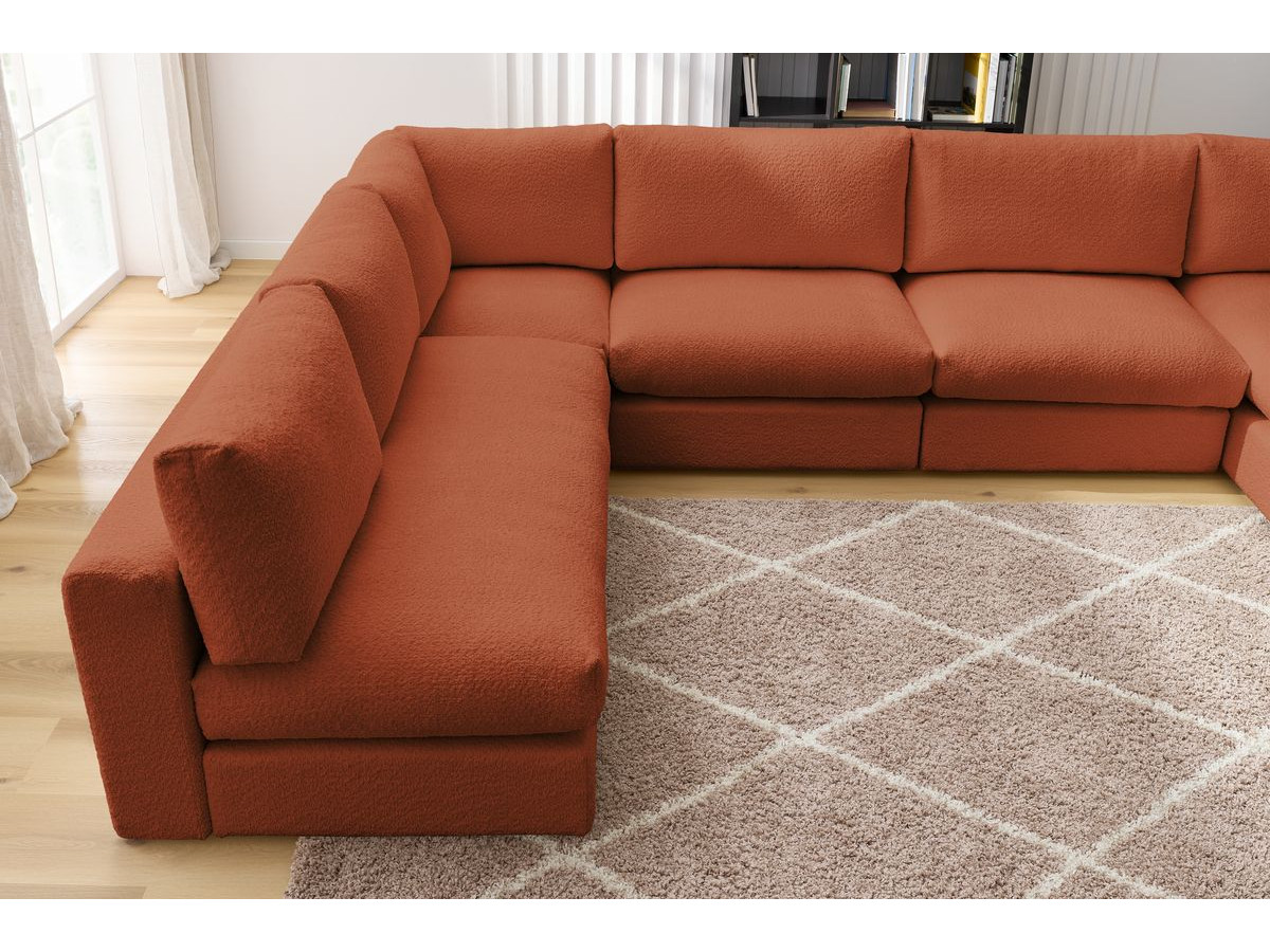 Canapé d'angle fixe 100% modulable PARIS tissu bouclette 3 chauffeuses, 1 méridienne, 1 angle, 1 pouf