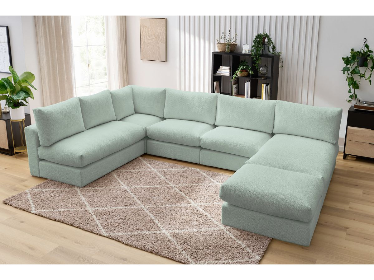 Canapé d'angle fixe 100% modulable PARIS tissu bouclette 3 chauffeuses, 1 méridienne, 1 angle, 1 pouf