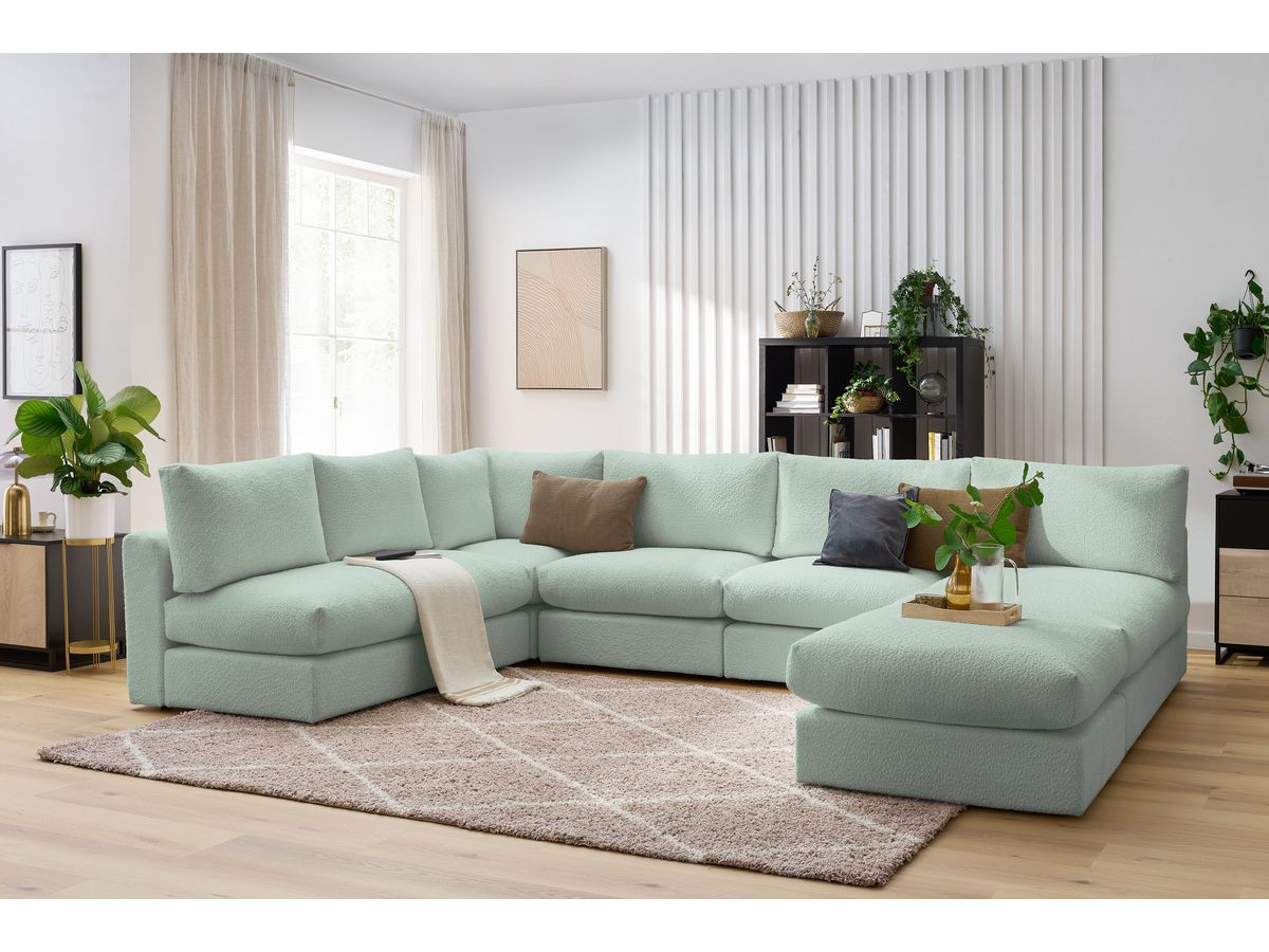Canapé d'angle fixe 100% modulable PARIS tissu bouclette 3 chauffeuses, 1 méridienne, 1 angle, 1 pouf
