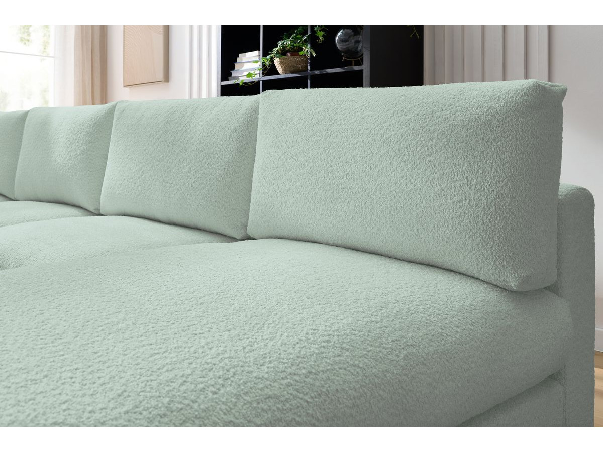 Canapé d'angle fixe 100% modulable PARIS tissu bouclette 3 chauffeuses, 1 méridienne, 1 angle, 1 pouf