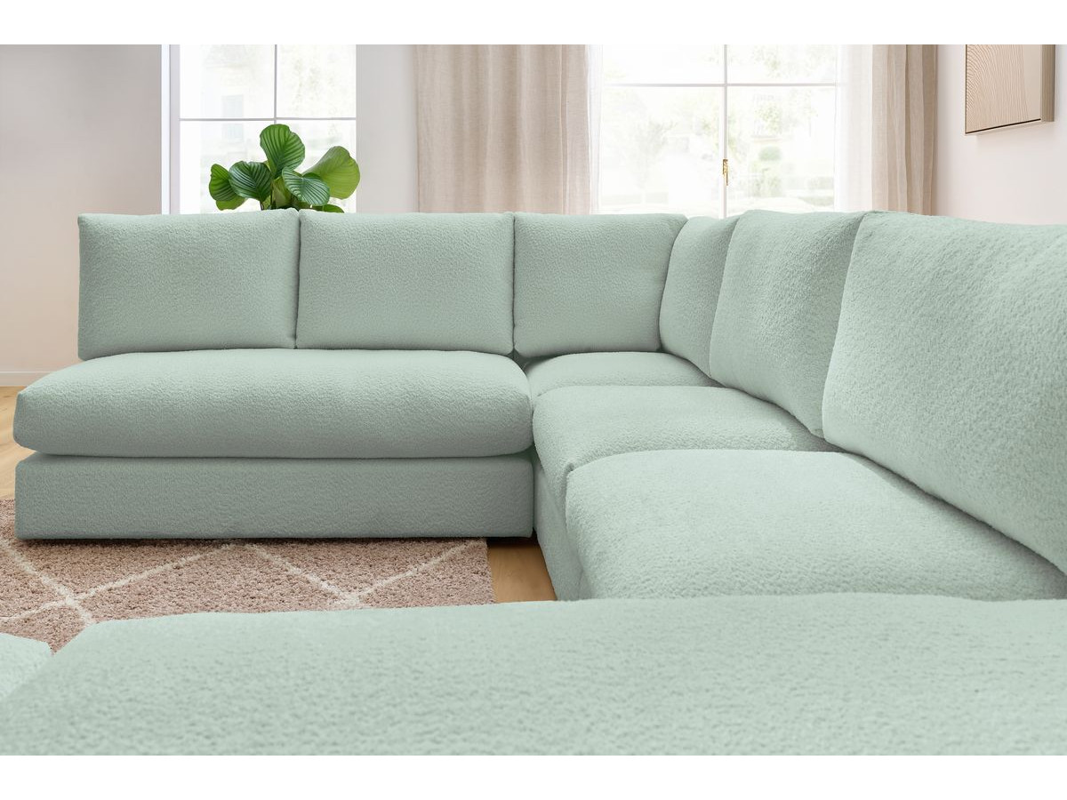 Canapé d'angle fixe 100% modulable PARIS tissu bouclette 3 chauffeuses, 1 méridienne, 1 angle, 1 pouf