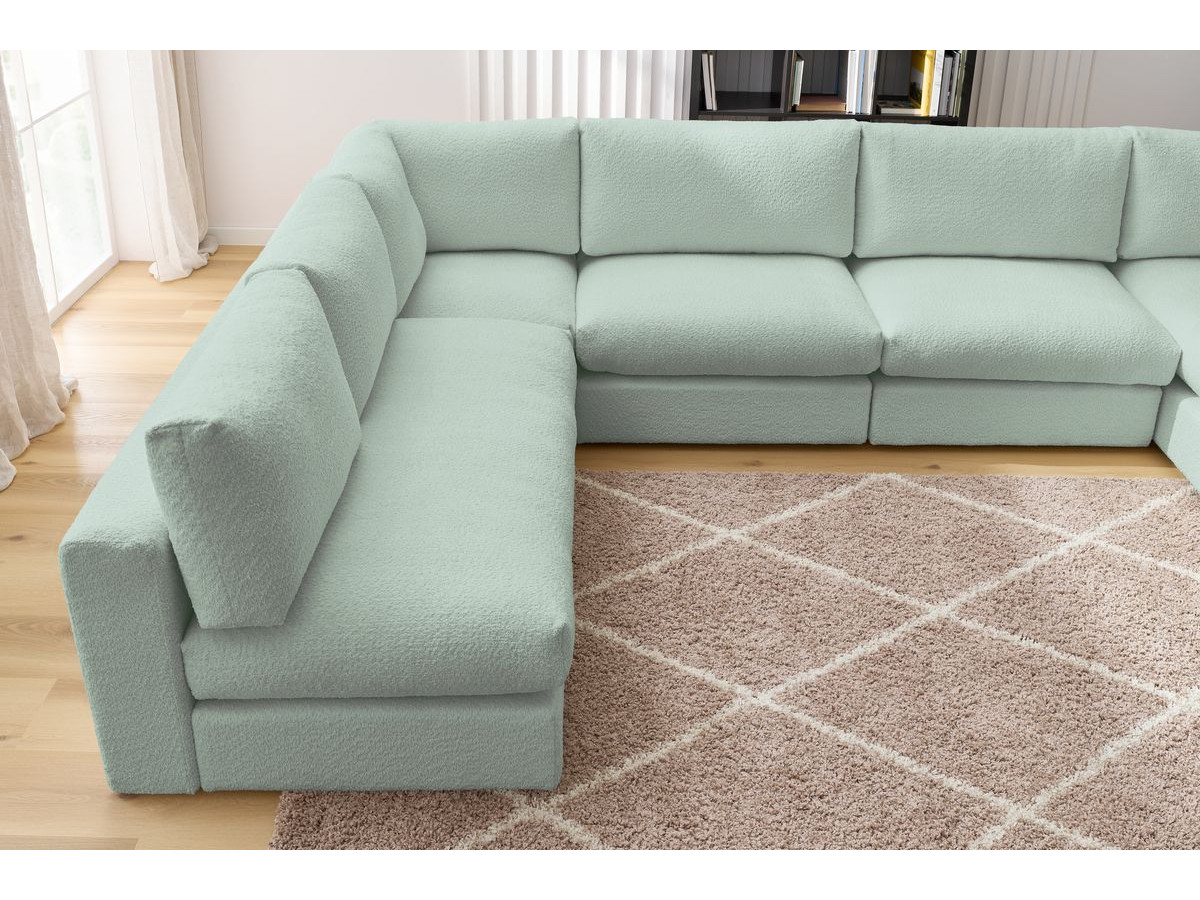 Canapé d'angle fixe 100% modulable PARIS tissu bouclette 3 chauffeuses, 1 méridienne, 1 angle, 1 pouf