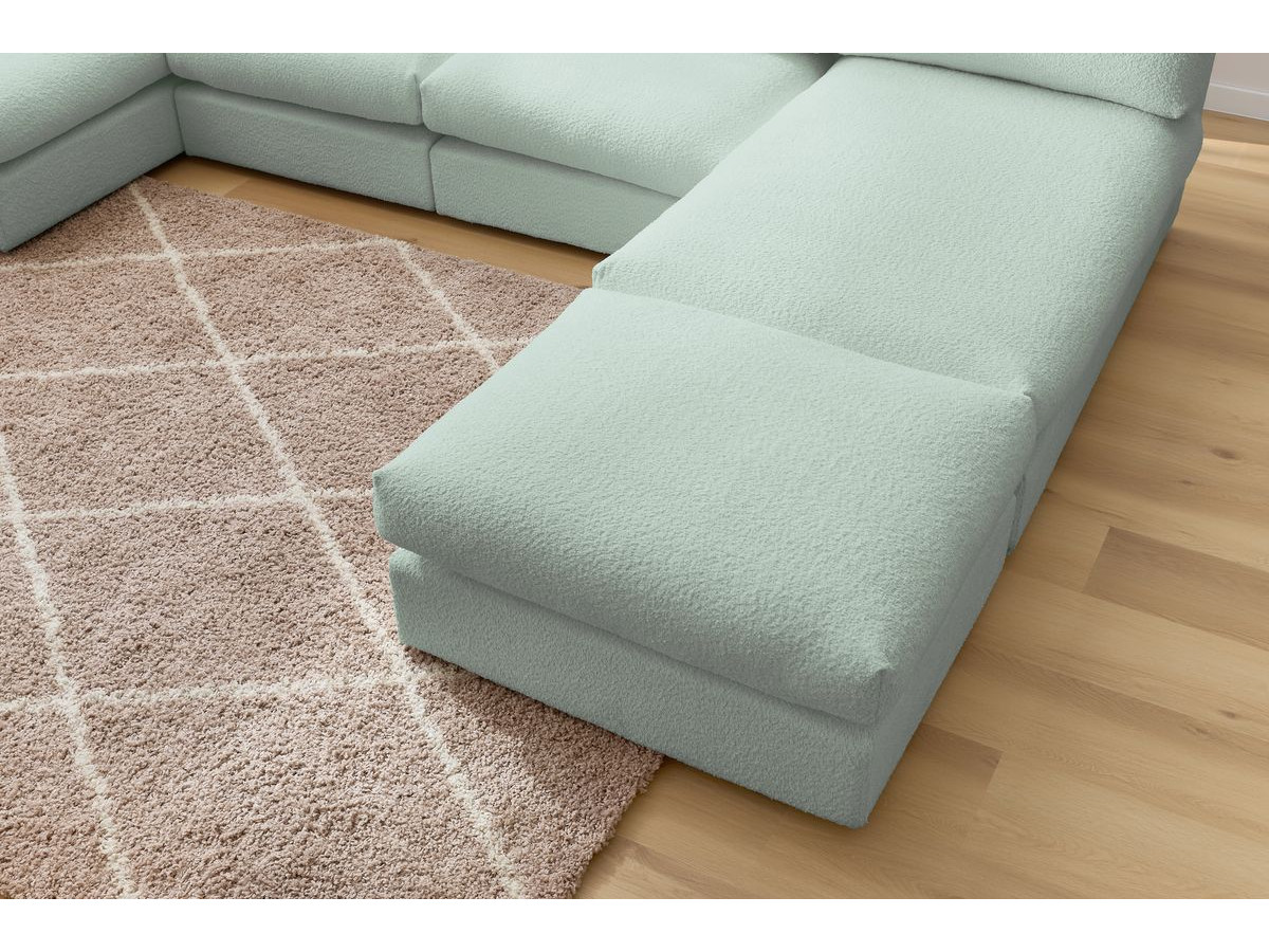 Canapé d'angle fixe 100% modulable PARIS tissu bouclette 3 chauffeuses, 1 méridienne, 1 angle, 1 pouf