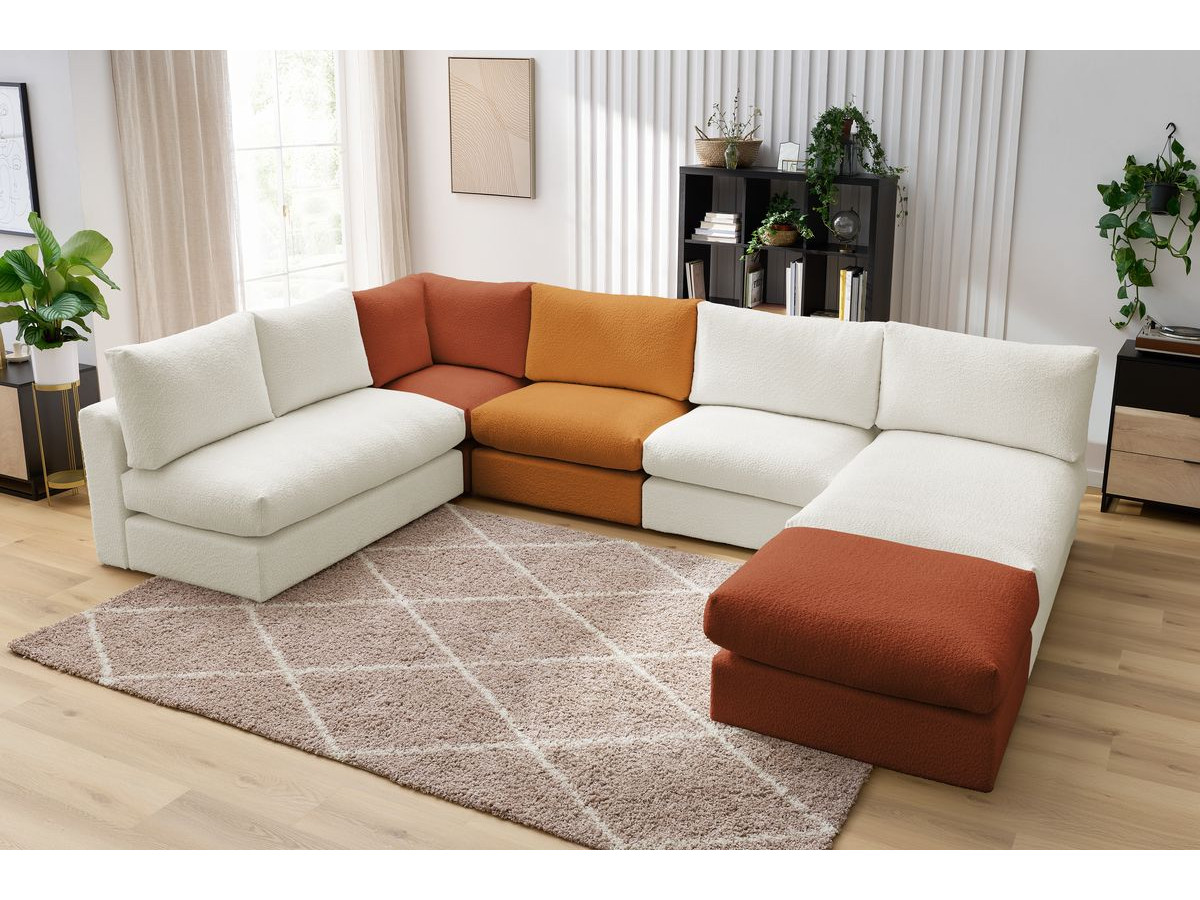Canapé d'angle fixe 100% modulable PARIS tissu bouclette 3 chauffeuses, 1 méridienne, 1 angle, 1 pouf