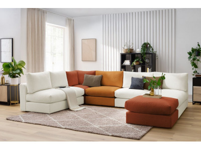 Canapé d'angle fixe 100% modulable PARIS tissu bouclette 3 chauffeuses, 1 méridienne, 1 angle, 1 pouf