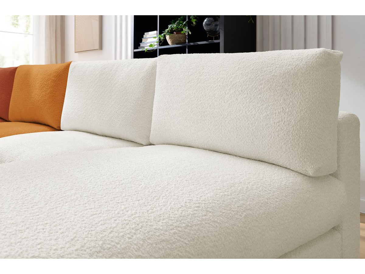 Canapé d'angle fixe 100% modulable PARIS tissu bouclette 3 chauffeuses, 1 méridienne, 1 angle, 1 pouf