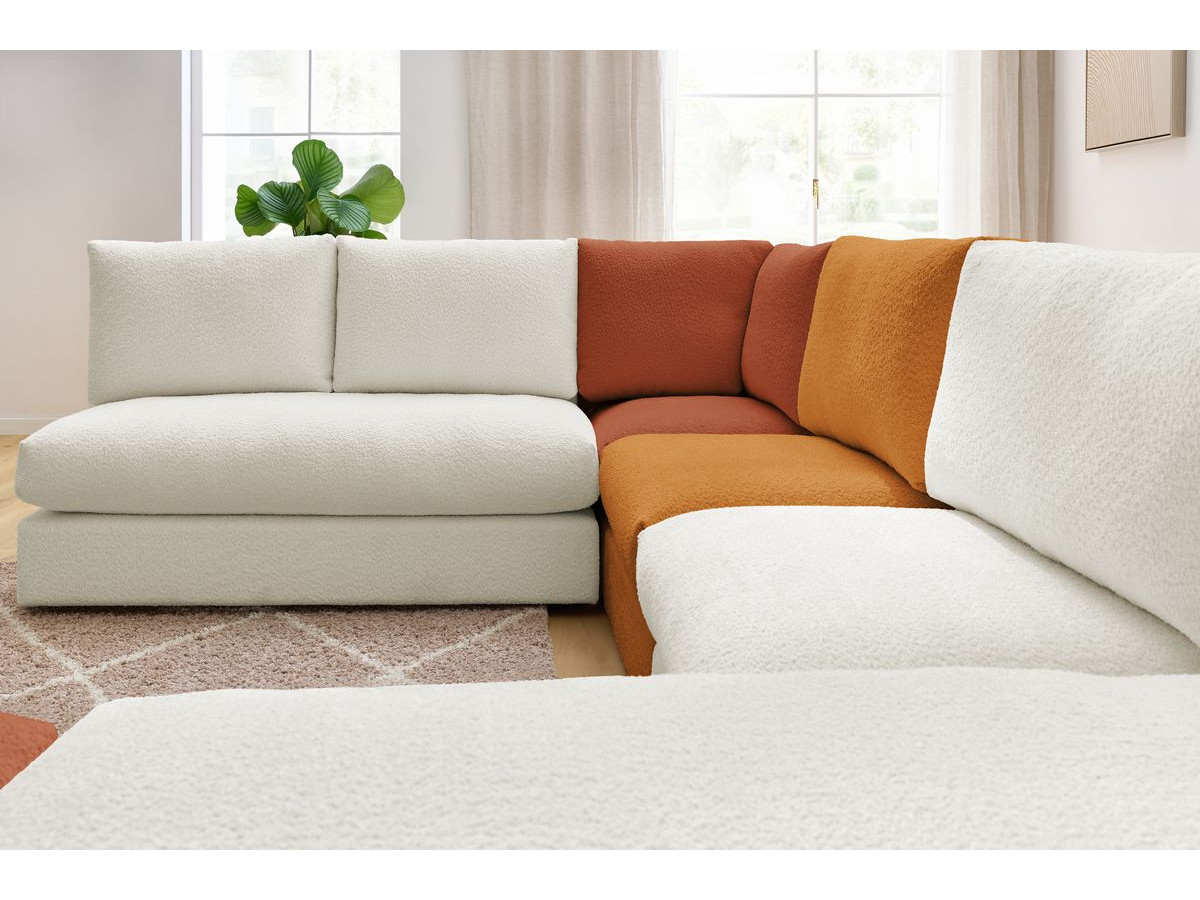 Canapé d'angle fixe 100% modulable PARIS tissu bouclette 3 chauffeuses, 1 méridienne, 1 angle, 1 pouf