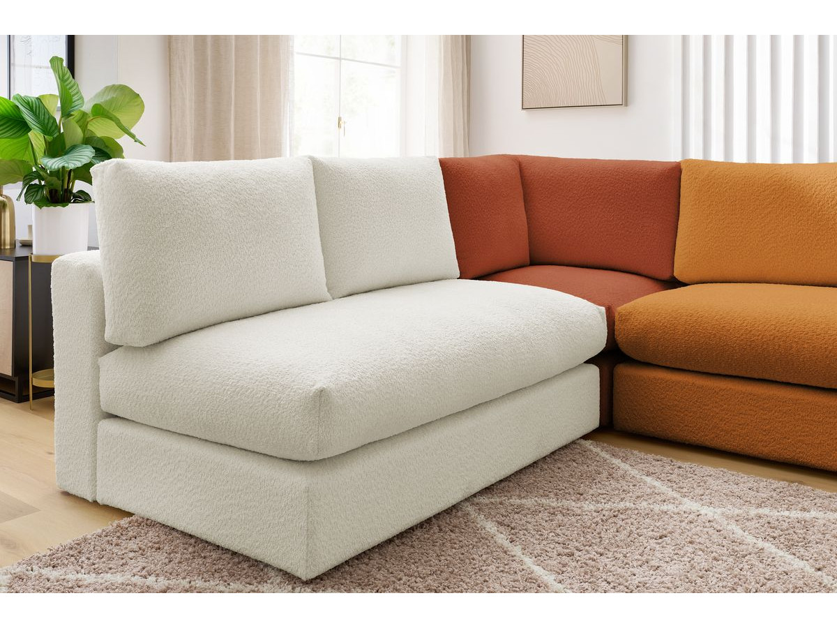 Canapé d'angle fixe 100% modulable PARIS tissu bouclette 3 chauffeuses, 1 méridienne, 1 angle, 1 pouf
