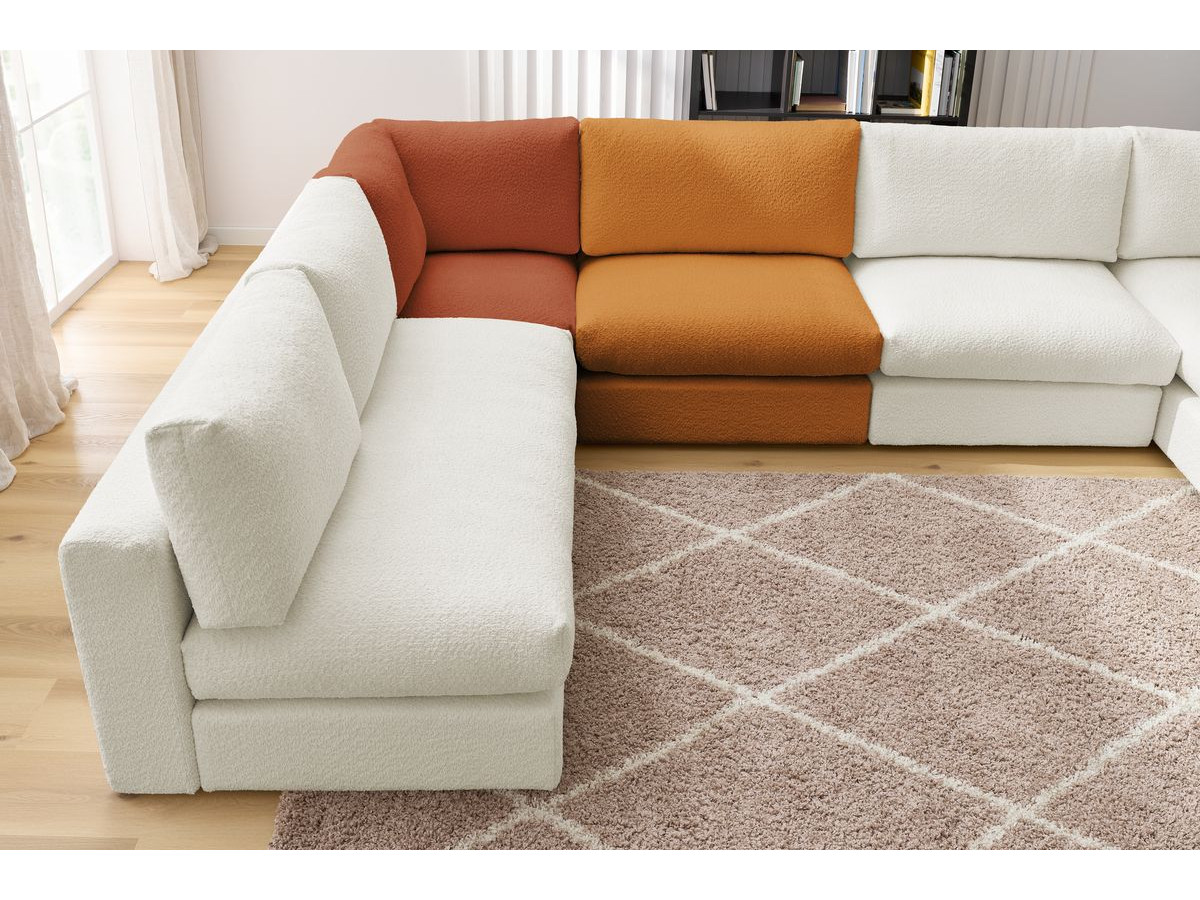 Canapé d'angle fixe 100% modulable PARIS tissu bouclette 3 chauffeuses, 1 méridienne, 1 angle, 1 pouf