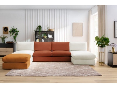 Canapé panoramique fixe 100% modulable PARIS tissu bouclette avec 2 chauffeuses, 2 méridiennes, 1 pouf