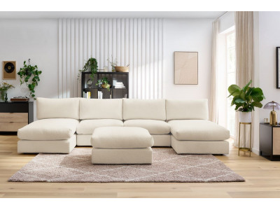 Canapé panoramique fixe 100% modulable PARIS tissu bouclette avec 2 chauffeuses, 2 méridiennes, 1 pouf