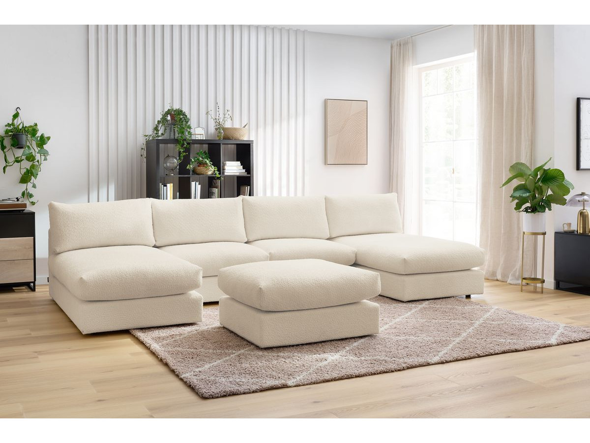 Canapé panoramique fixe 100% modulable PARIS tissu bouclette avec 2 chauffeuses, 2 méridiennes, 1 pouf beige  panoramique BOBOCHIC 6 places - Vue supplémentaire 3
