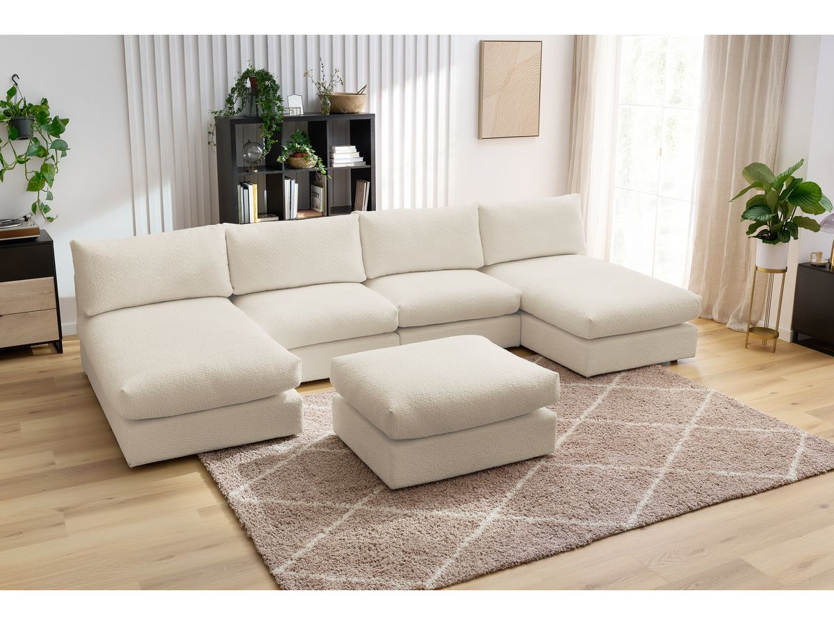 PARIS vaste panoramabank 100% modulaire badstof met 2 fauteuils, 2 chaise longues, 1 poef