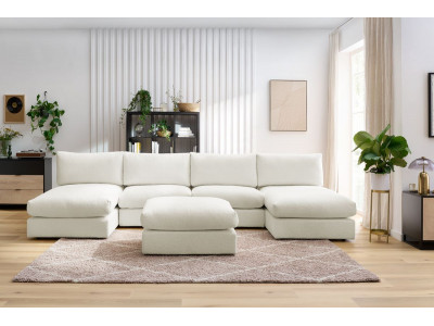 Canapé panoramique fixe 100% modulable PARIS tissu bouclette avec 2 chauffeuses, 2 méridiennes, 1 pouf