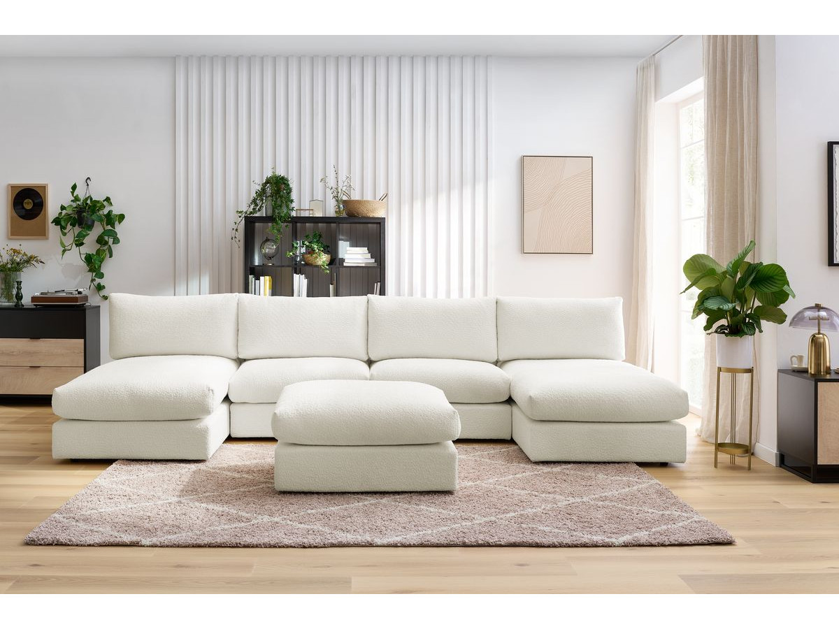 Canapé panoramique fixe 100% modulable PARIS tissu bouclette avec 2 chauffeuses, 2 méridiennes, 1 pouf