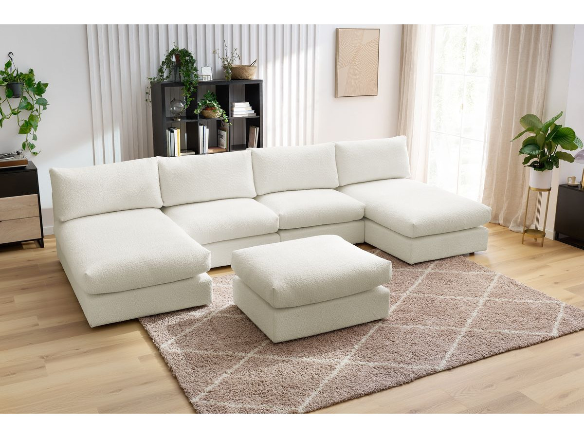 Canapé panoramique fixe 100% modulable PARIS tissu bouclette avec 2 chauffeuses, 2 méridiennes, 1 pouf