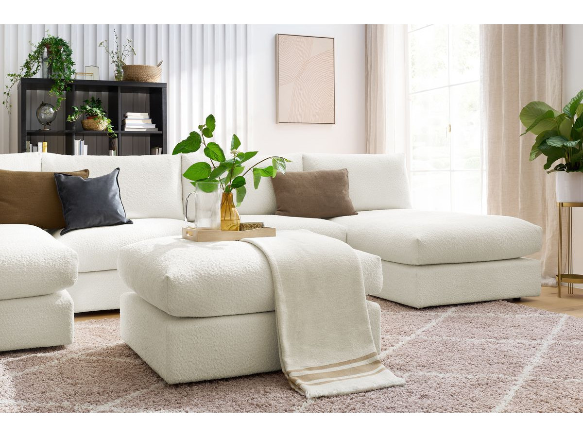 Canapé panoramique fixe 100% modulable PARIS tissu bouclette avec 2 chauffeuses, 2 méridiennes, 1 pouf